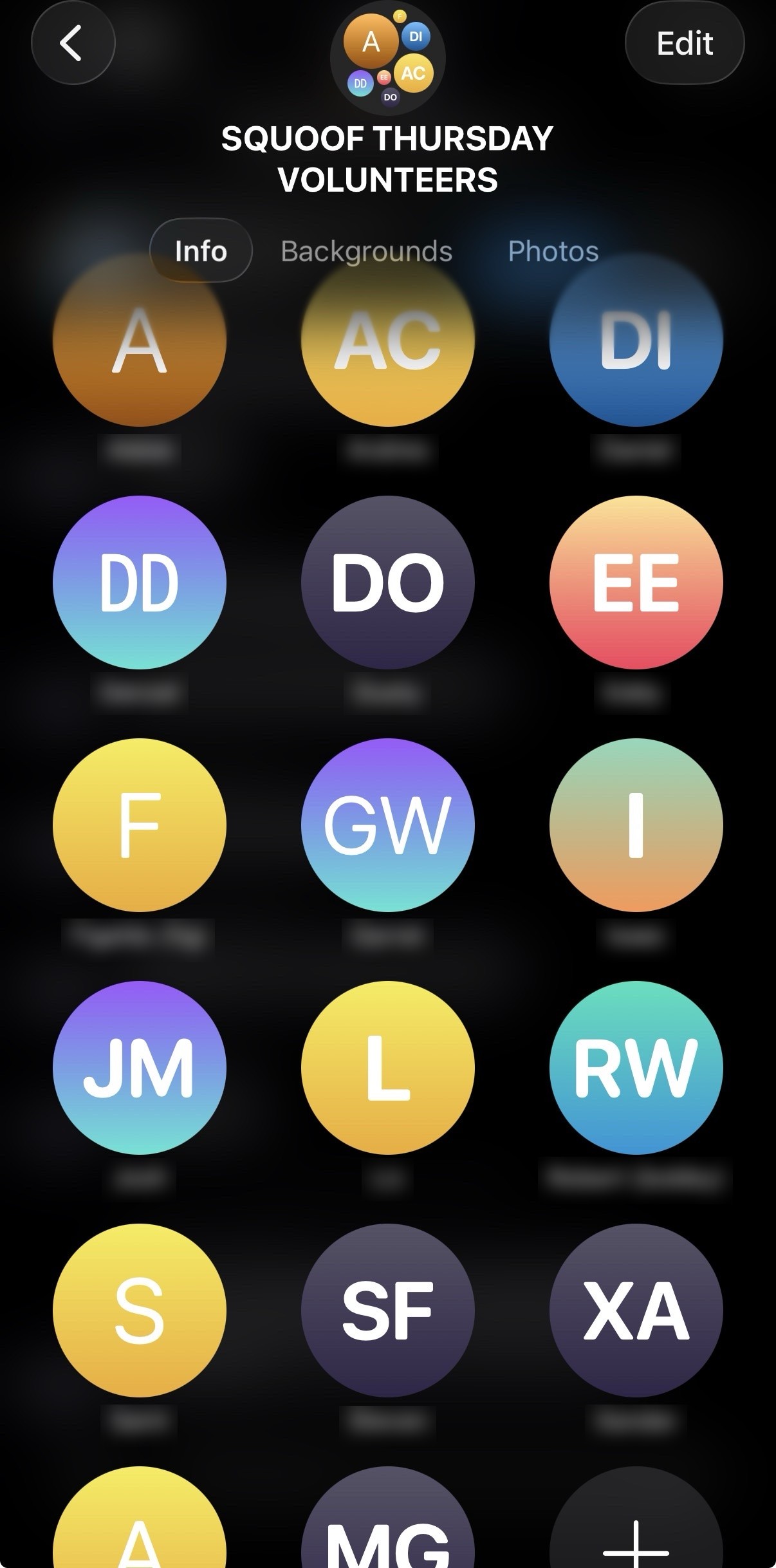 Squoof Thursday Volunteers group screenshot — color-coded circles with volunteer initials; the name printed beneath each circle is blurred