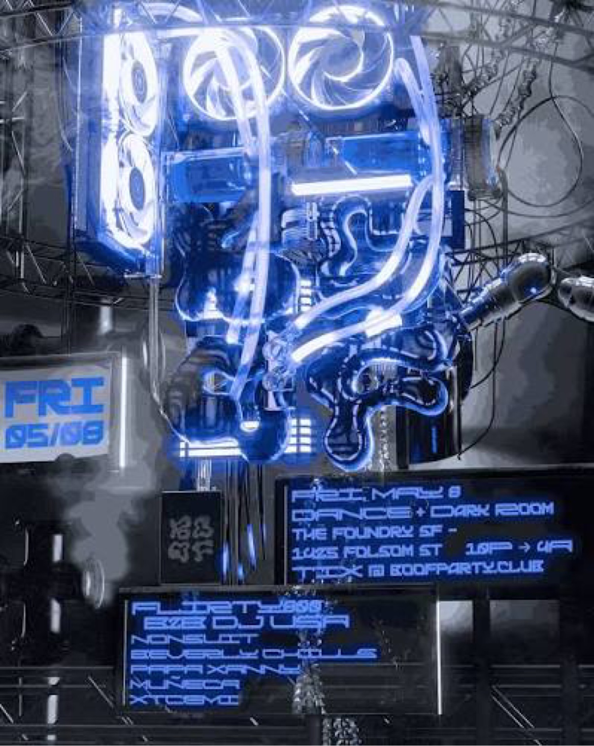 Boof at The Foundry SF flyer — blue neon machine artwork, Fri May 8, Dance + Dark Room, The Foundry SF