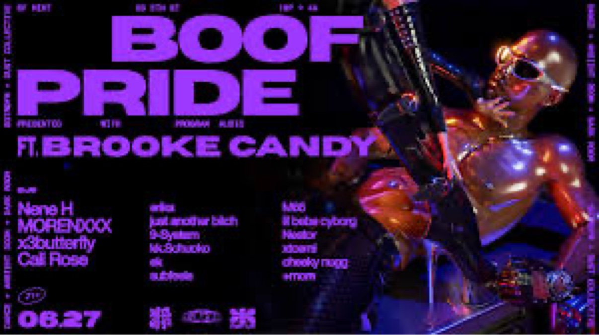 Boof Pride event flyer — purple artwork, Boof Pride featuring Brooke Candy, June 27