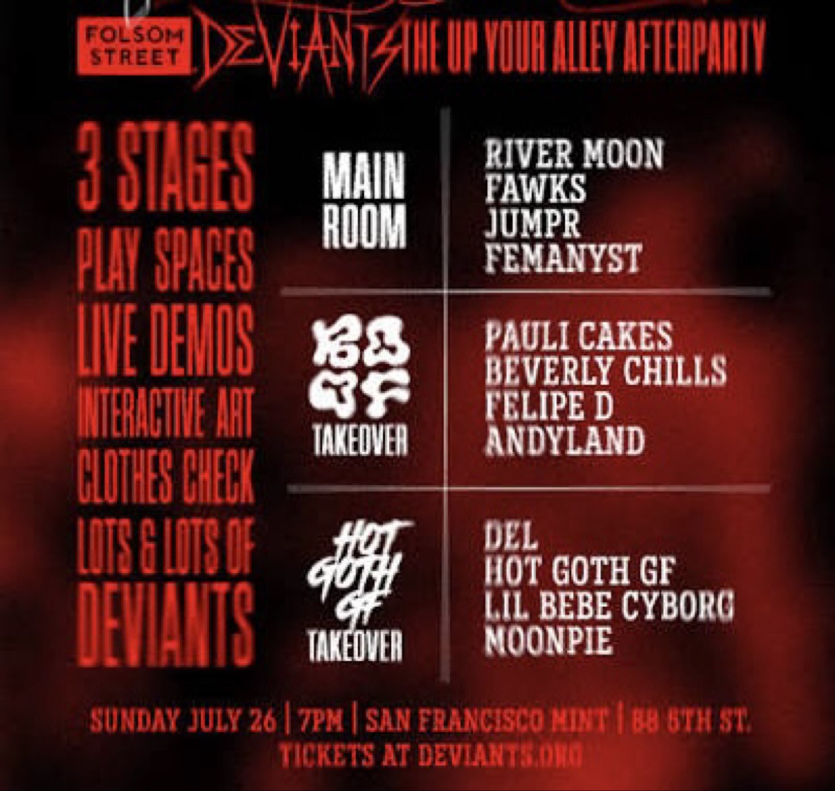 Folsom Street Deviants flyer — The Up Your Alley Afterparty at the San Francisco Mint, Sunday July 26, with the three stage lineups: Main Room, Boof takeover, and Hot Goth GF takeover