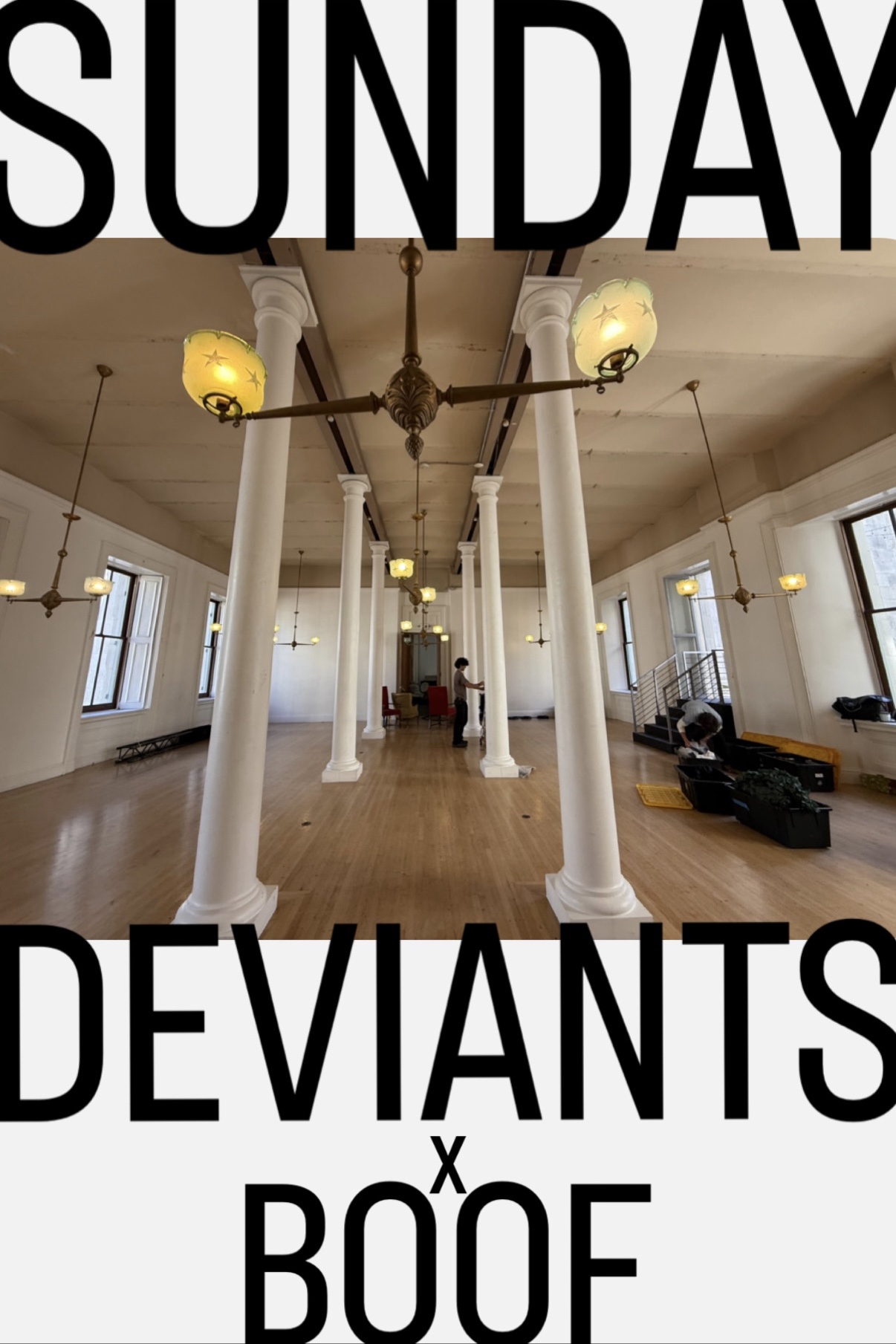 The SF Mint ballroom during load-in, framed by a Sunday Deviants x Boof graphic