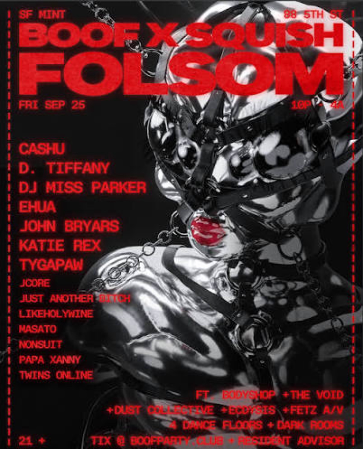 Boof × Squish Folsom flyer — red and chrome artwork, SF Mint, Friday September 25, four dance floors and dark rooms