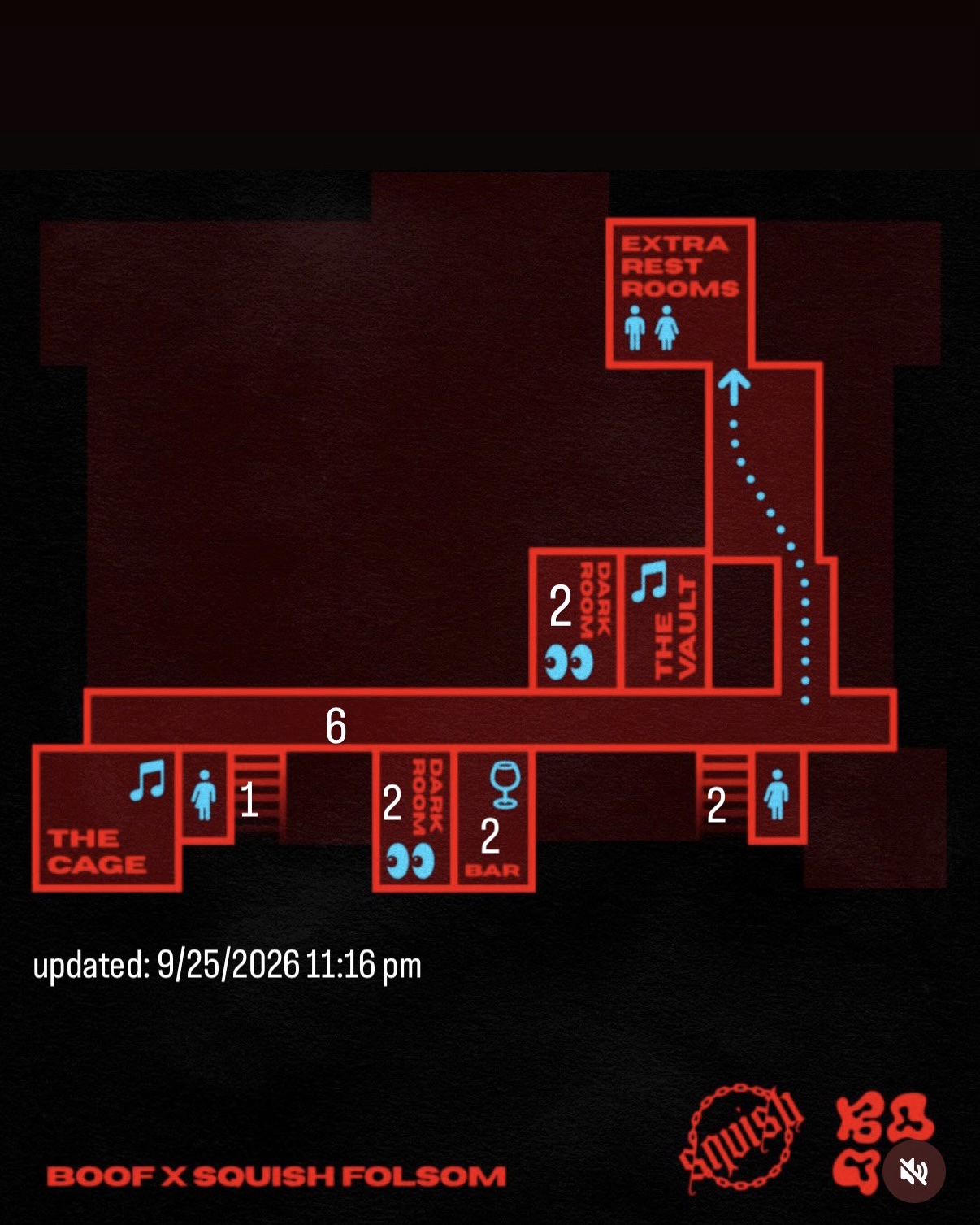 PAR light allocation by zone floor plan for the downstairs of Boof × Squish Folsom — The Cage, The Vault, dark rooms and bar