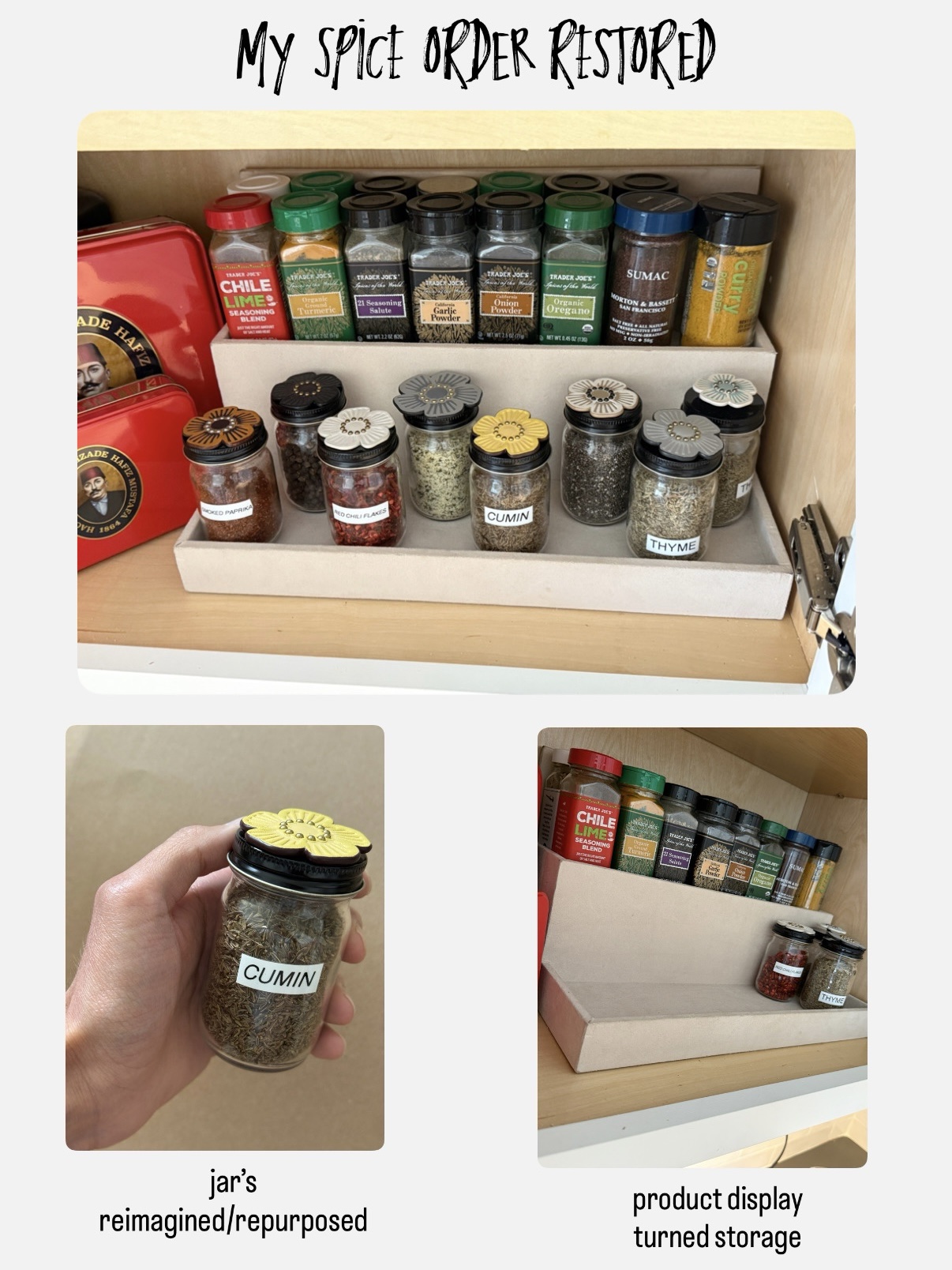 Collage titled 'My spice order restored' — spice jars with flower-shaped lids arranged on a repurposed retail product display inside a kitchen cabinet