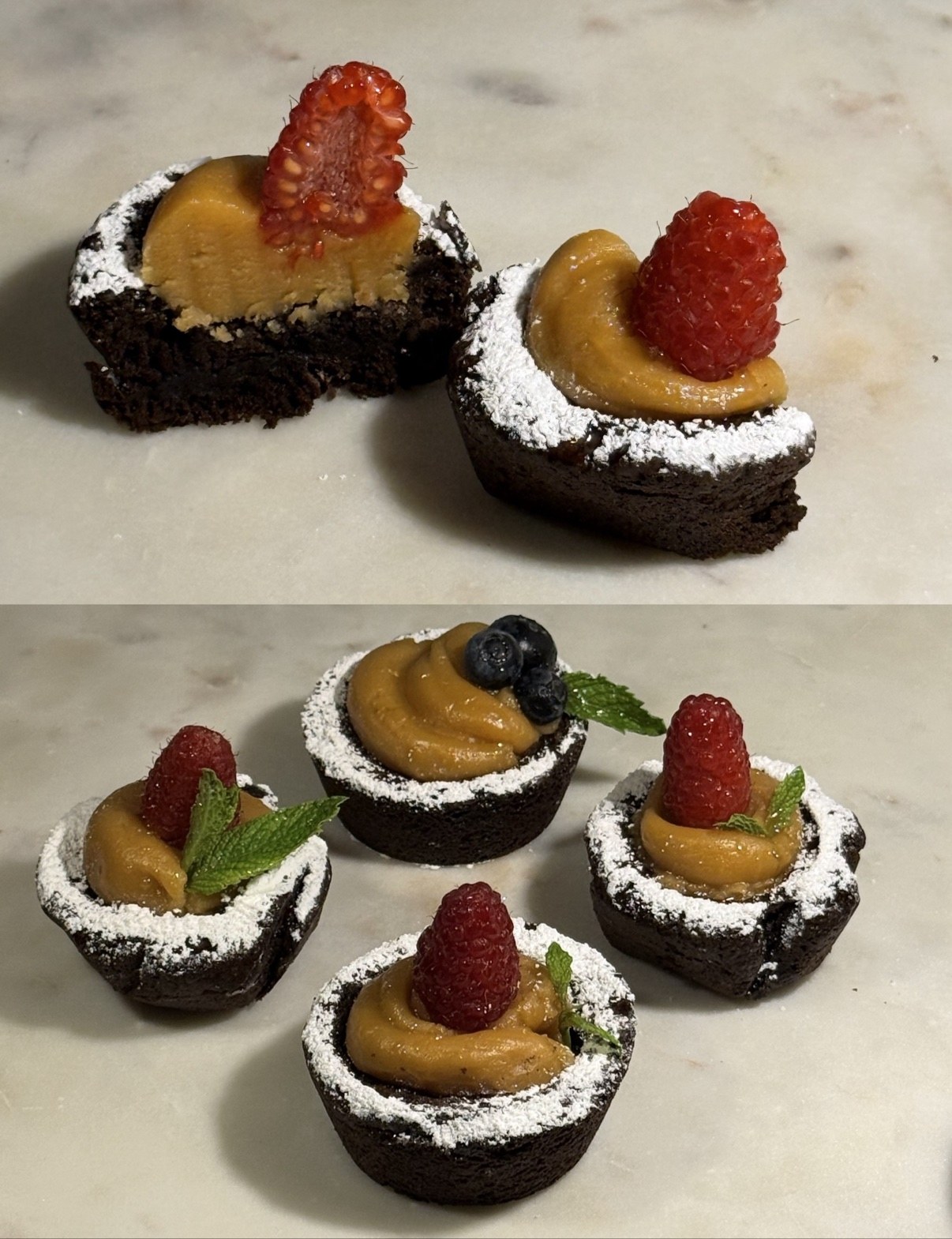 Salted caramel brownies topped with caramel, raspberries and blueberries — two views in one frame